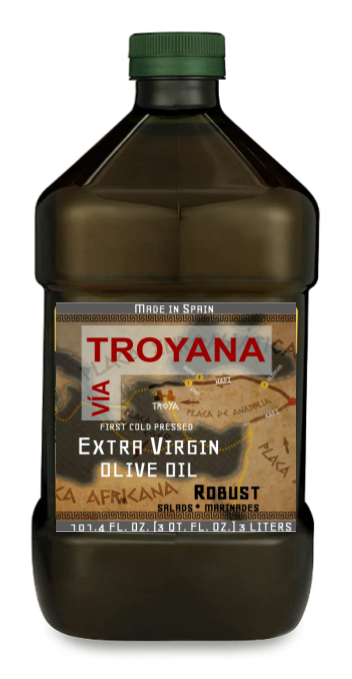 Aceite de Oliva Virgen Extra Robusto Vía Troyana, Hecho en España (Jaén - picual), Primera Prensada en Frío, Sabor con Cuerpo, Perfecto para Aderezos para Ensaladas y Marinadas, 101 FL. ONZ. (3 litros)